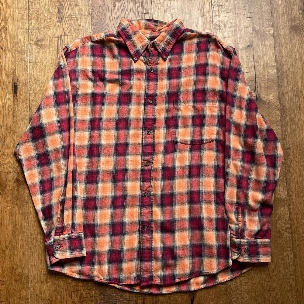 St. John's Bay Flannel Shirt Mens XL Red Orange Plaid Grunge Oversized Top